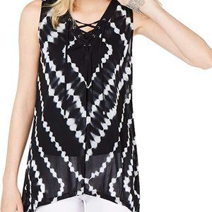 INC International Concepts Lace-Up Hanky-Hem Top Diamond Tye Dye Size L